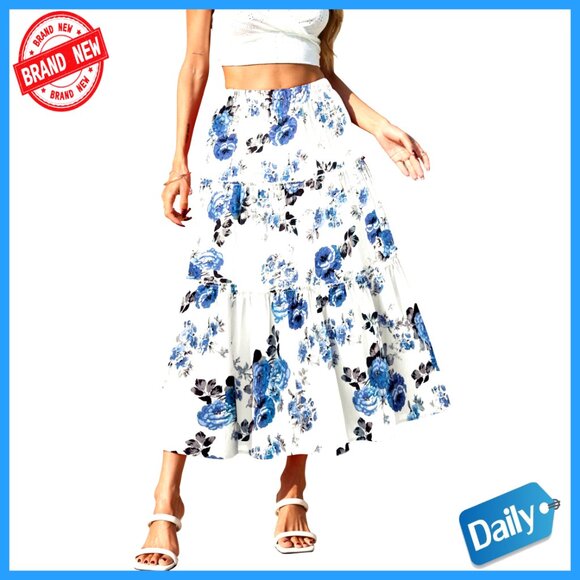Dresses & Skirts - Midi Skirt Elastic High Waist A-Line Flowy Flared Ruffle Casual